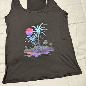 2 tank top bundle Black Tank Top with Tropical Print, and Blue with writing.